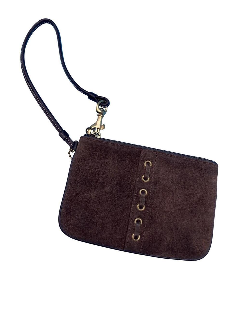 Coach Clutch Wristlet Bag Womens Small Brown Suede Leather Grommet Zip